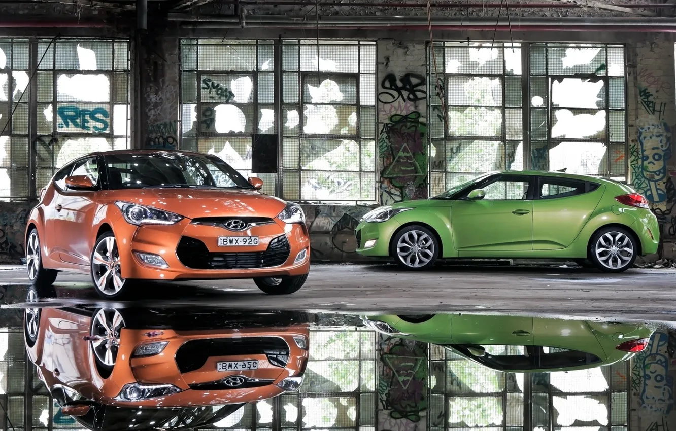 Photo wallpaper orange, green, reflection, coupe, puddle, window, Hyundai, Hyundai