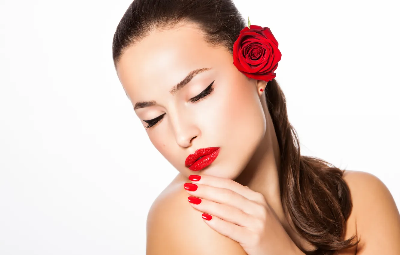 Photo wallpaper face, arrows, model, hair, roses, makeup, lipstick, white background