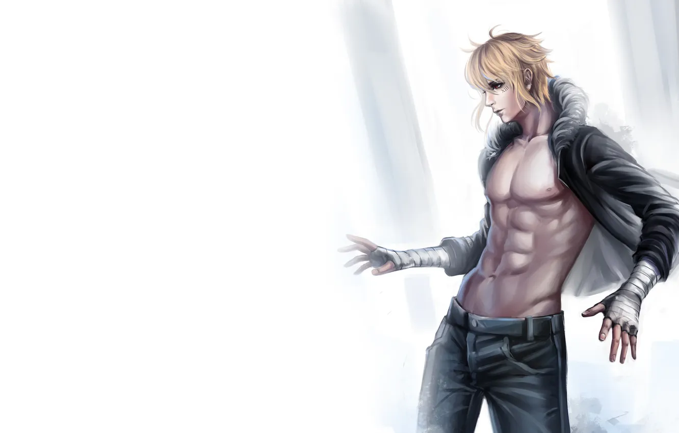 Photo wallpaper white background, guy, red eyes, the number, bandages