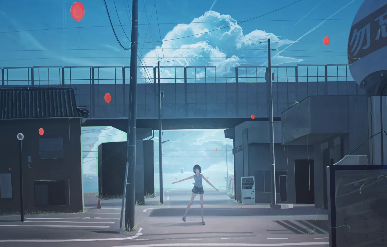 Photo wallpaper road, girl, balloons
