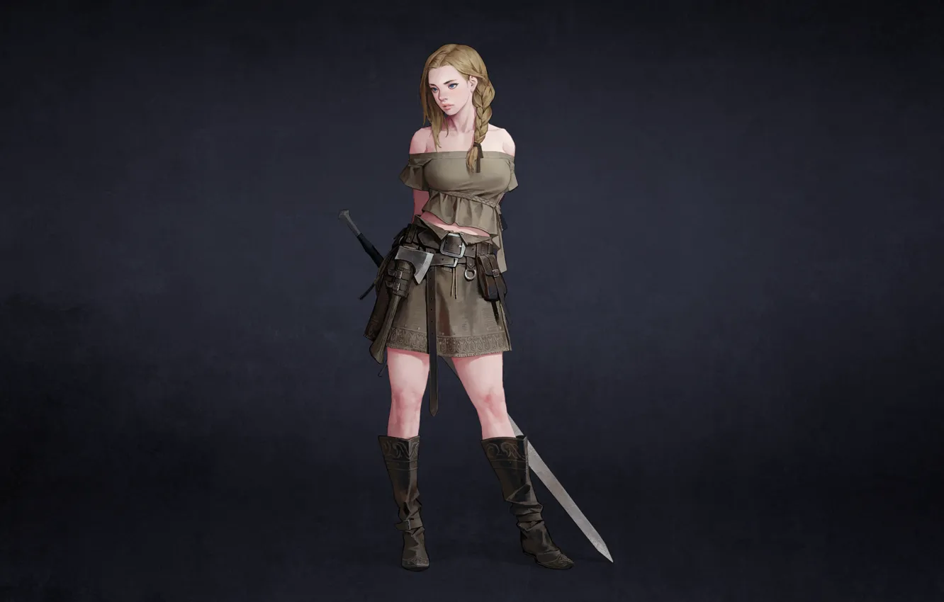 Photo wallpaper girl, minimalism, sword, art, blonde, girl, sword, art