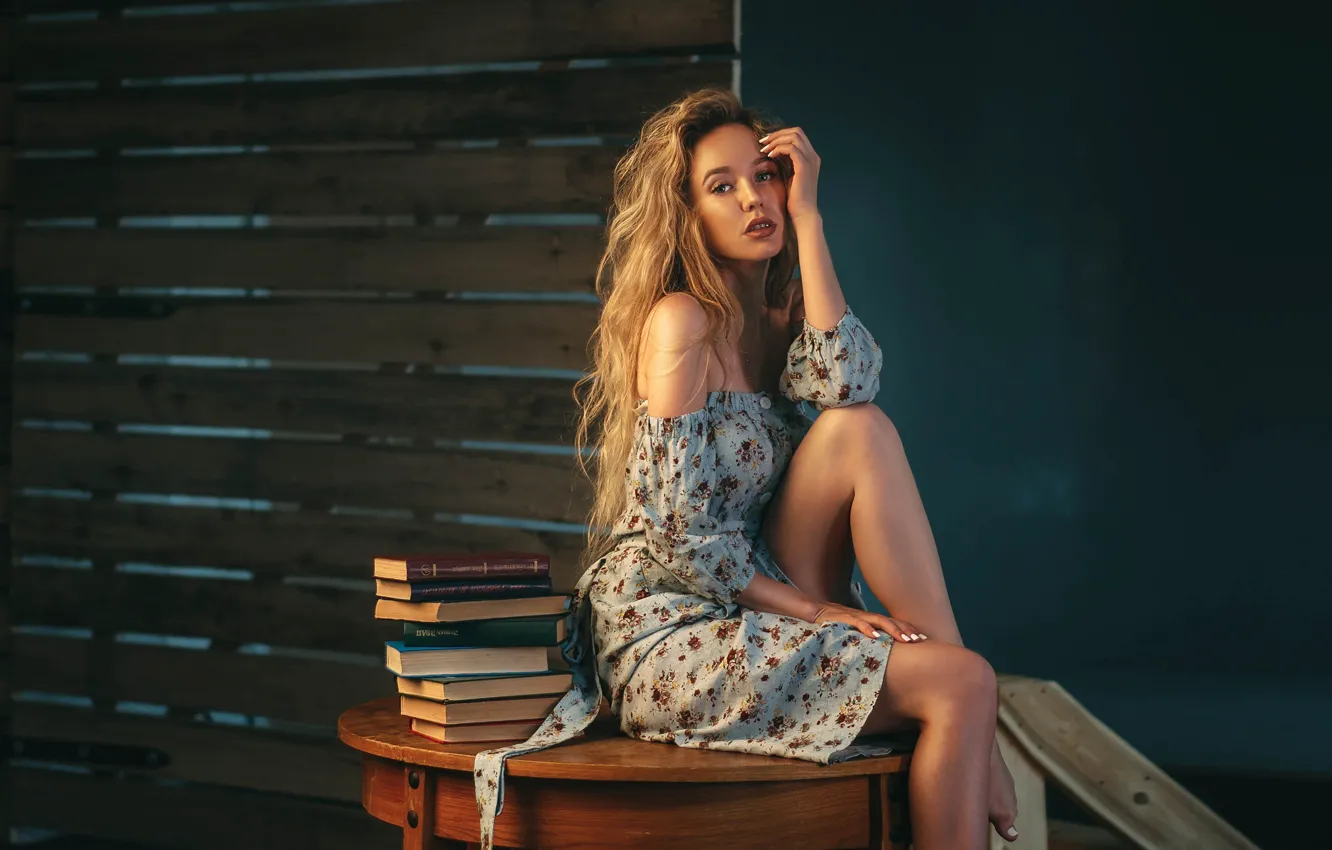 Photo wallpaper girl, dress, book, sitting, shoulders, Sasha Rusko