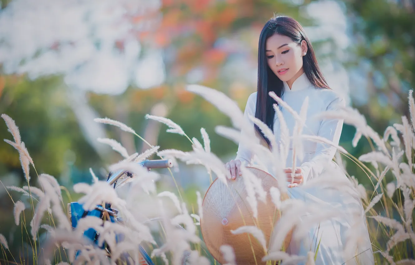 Photo wallpaper girl, hat, model, hair, brunette, pose, Vietnamese, Ao dai