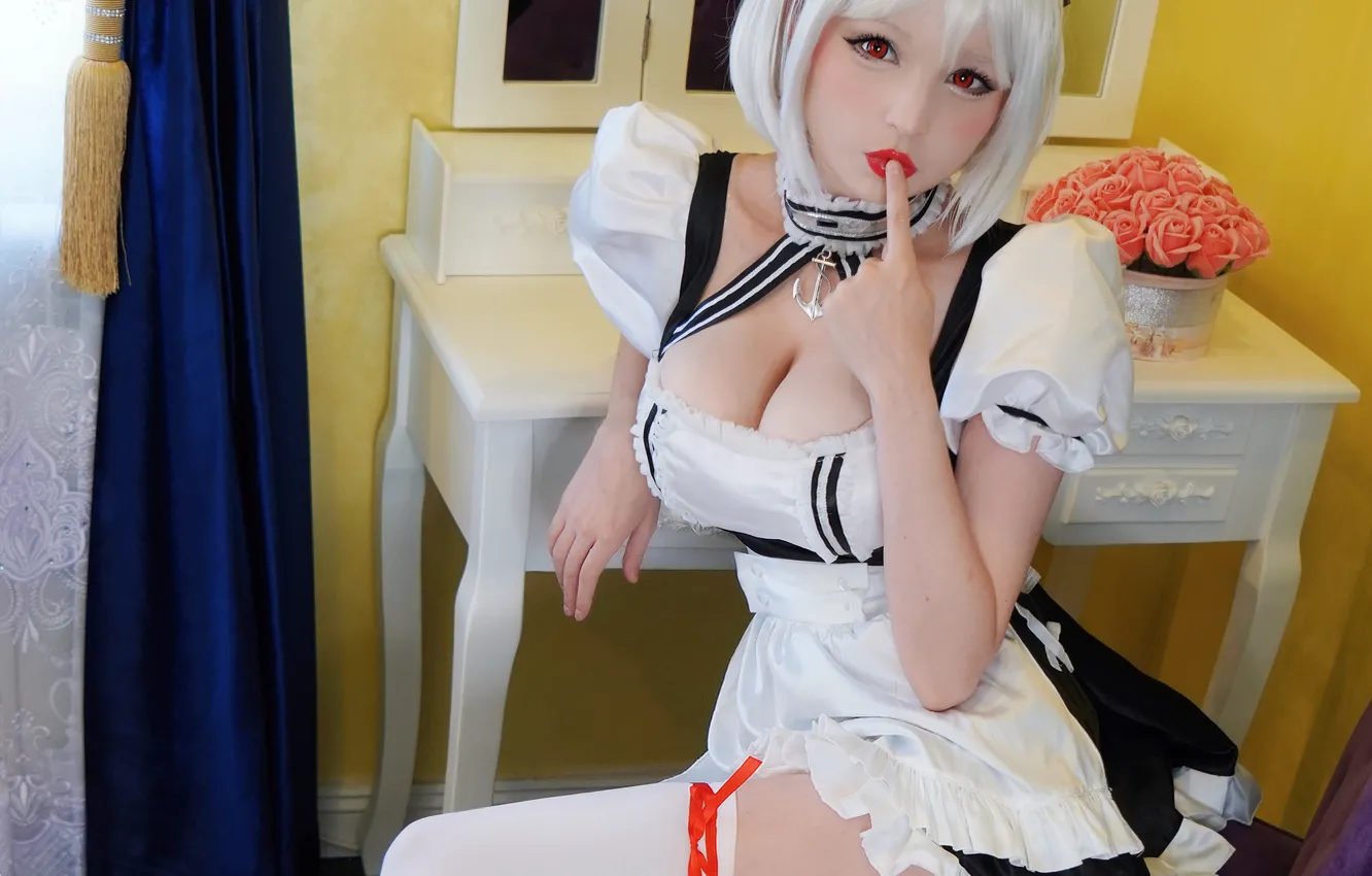 Photo wallpaper girl, sexy, cleavage, thighhighs, dress, legs, boobs, beautiful