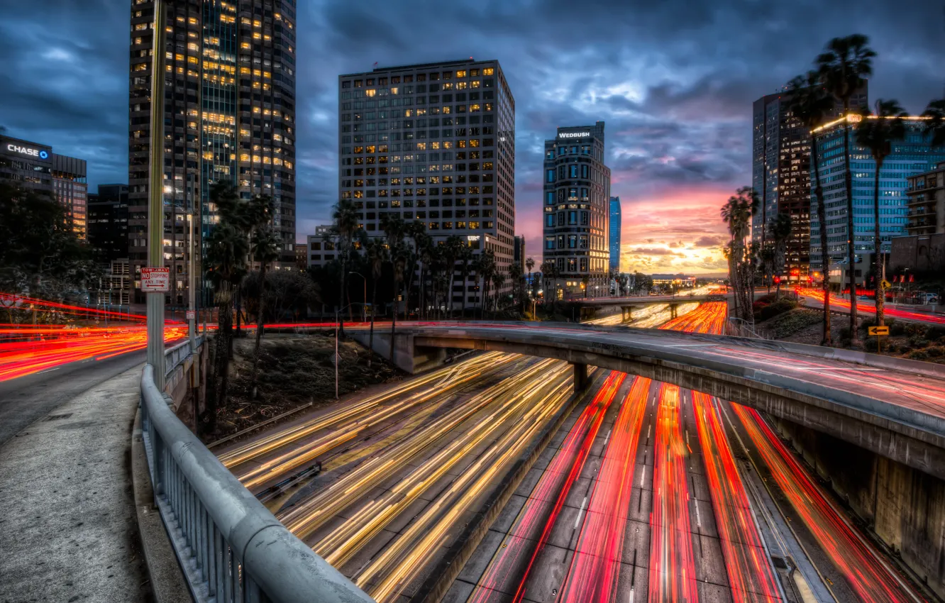 Photo wallpaper road, the city, lights, home, the evening, twilight