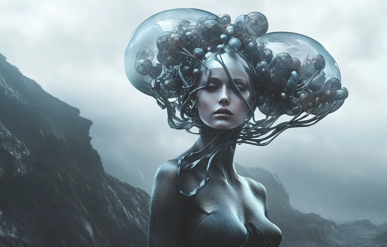 Photo wallpaper chest, the sky, look, girl, clouds, nature, pose, fog