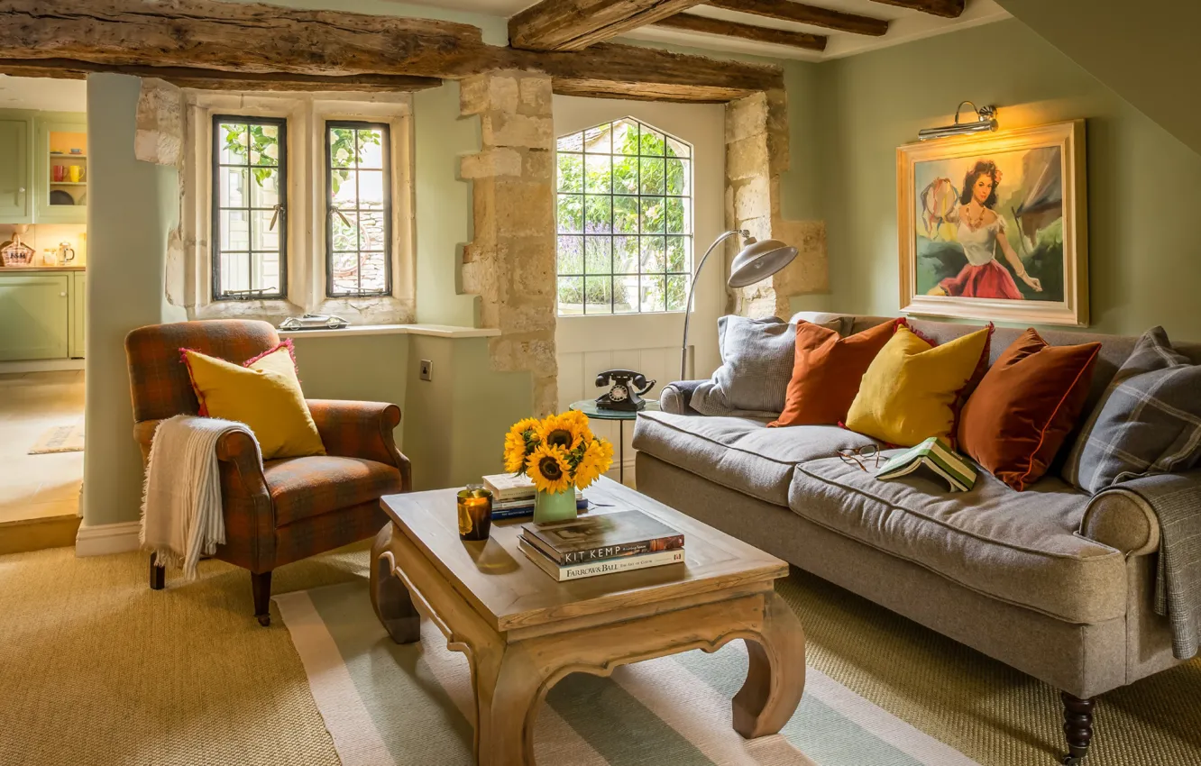 Photo wallpaper style, retro, interior, living room, Burford, cottage in Cotswolds