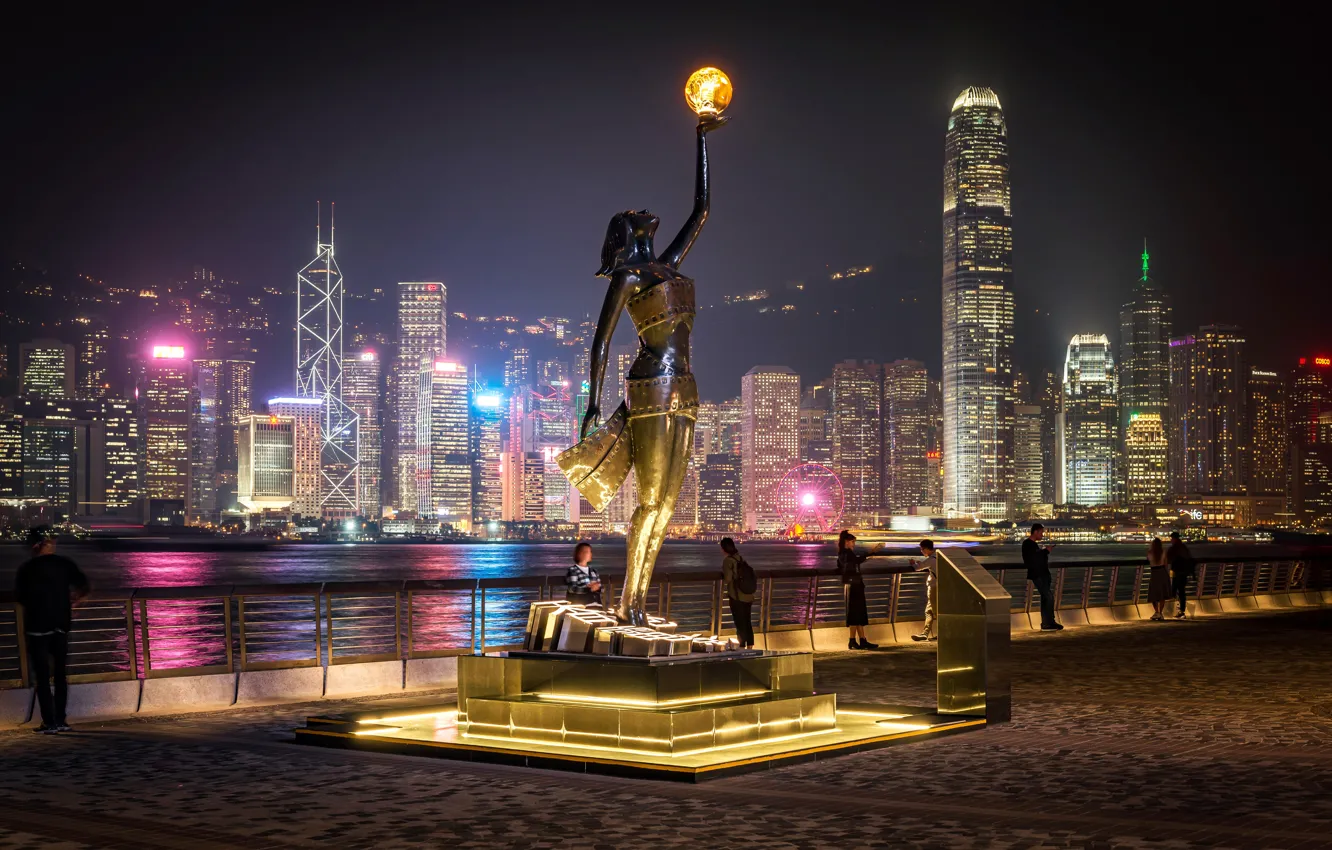 Photo wallpaper the city, building, Hong Kong, the evening, lighting, lantern, China, sculpture