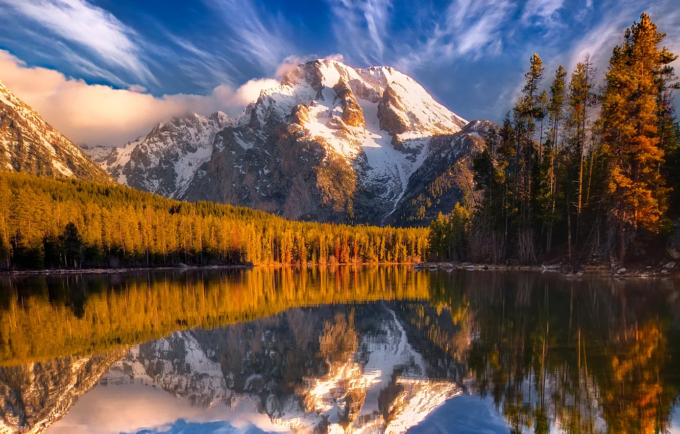 Wallpaper Reflection, Snow, Mountains, Trees, Lake, Clouds, The Sky ...