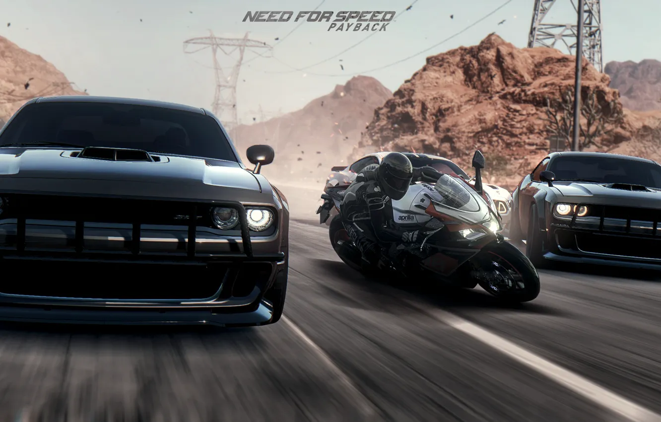 Photo wallpaper race, desert, Mustang, Action, Dodge Challenger, moto, Need for Speed, Photoshop