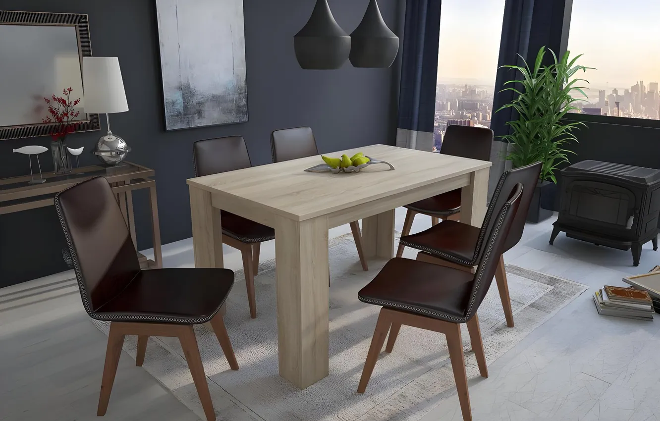 Photo wallpaper design, style, room, interior, fireplace, megapolis, dining room, a city apartment in a skyscraper