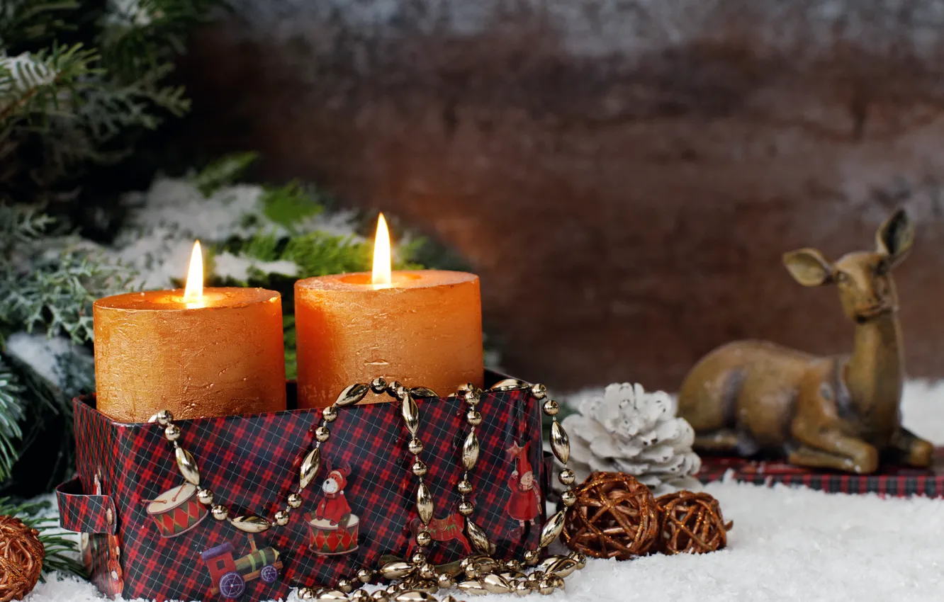 Photo wallpaper new year, holiday, candles, bumps, decor, deer