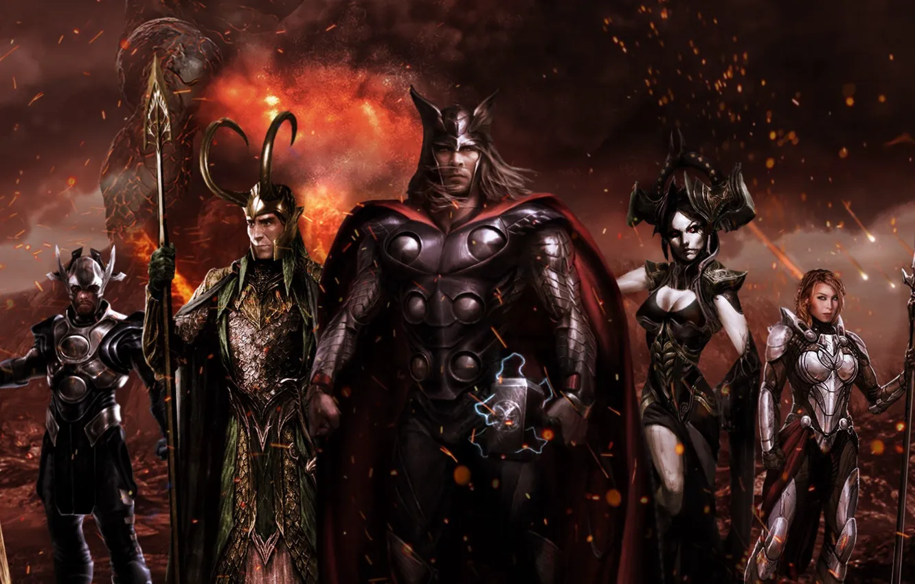 Photo wallpaper cinema, fire, flame, sword, Ragnarok, armor, Marvel, movie