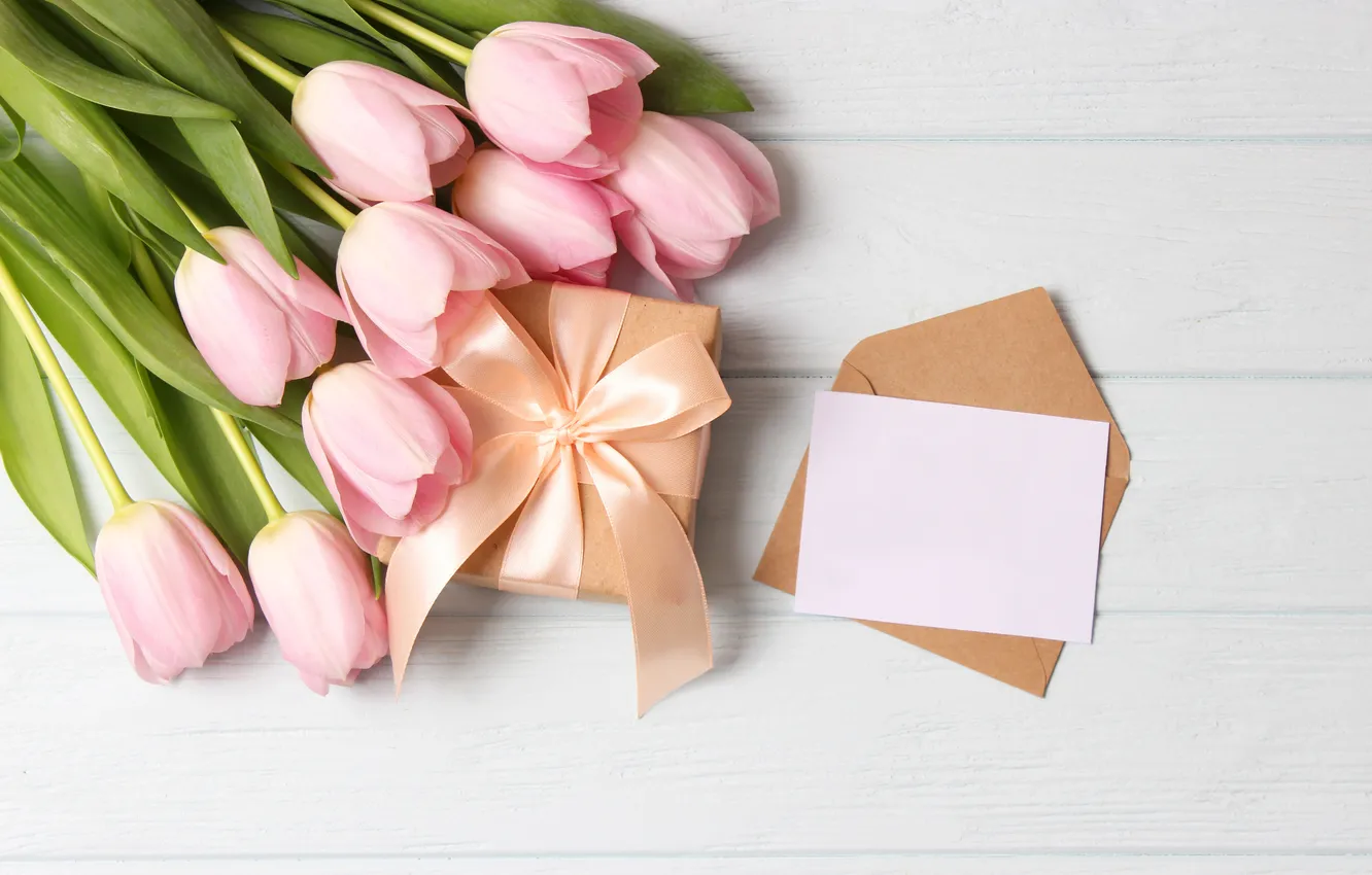 Photo wallpaper flowers, gift, bouquet, tulips, pink, wood, pink, flowers