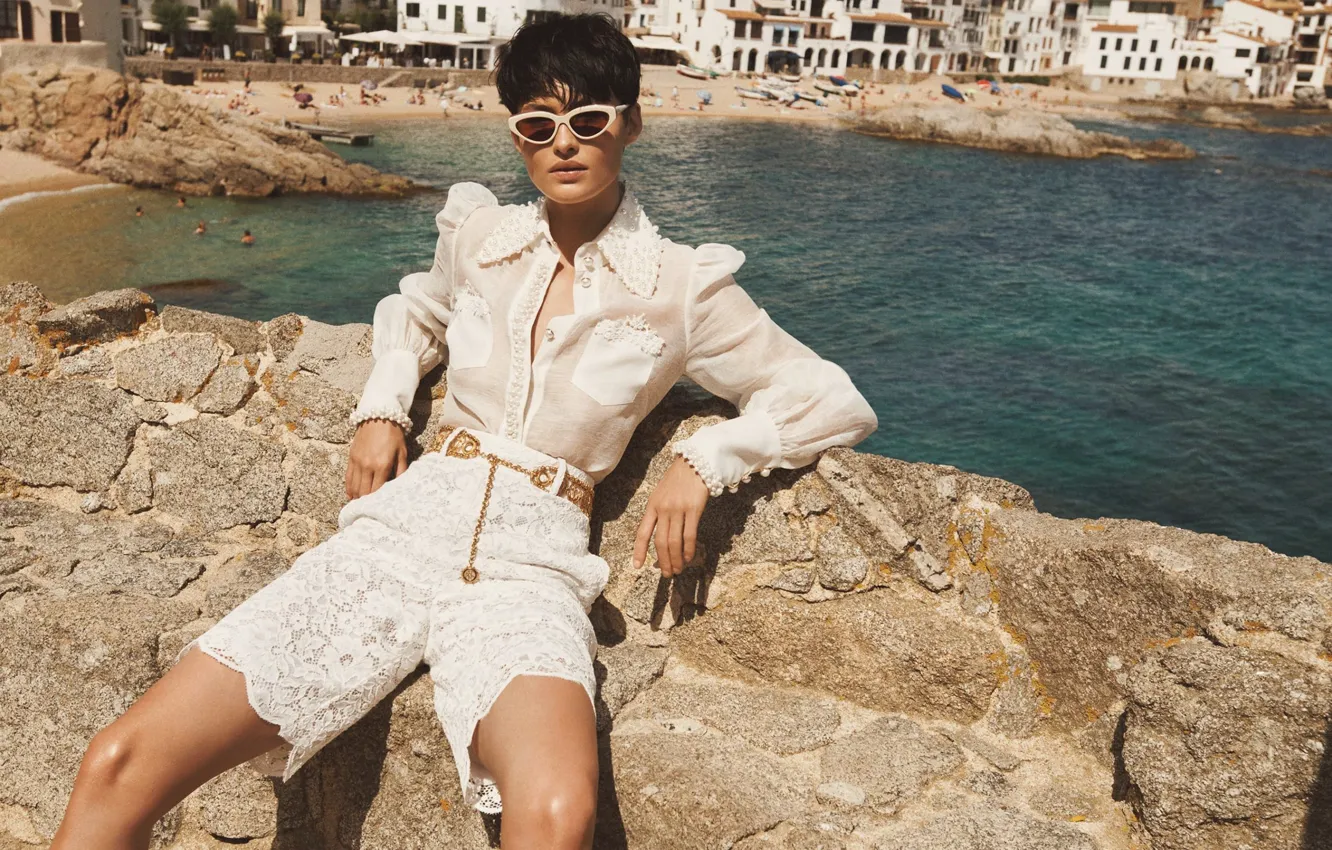 Photo wallpaper girl, stones, dress, glasses, Grace Elizabeth, Grace Elizabeth, Coastal chic, Carpenter