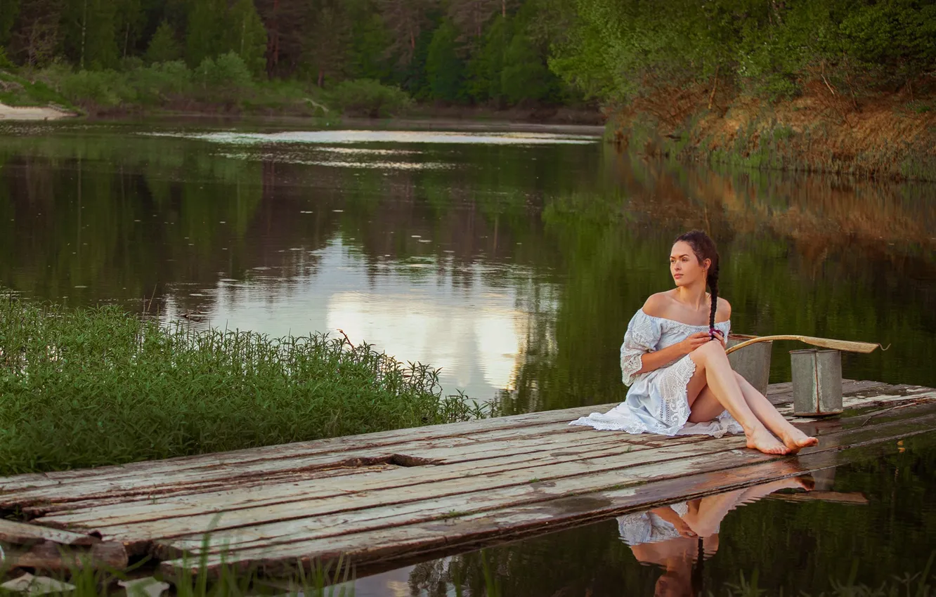 Photo wallpaper forest, summer, grass, look, girl, landscape, nature, barefoot