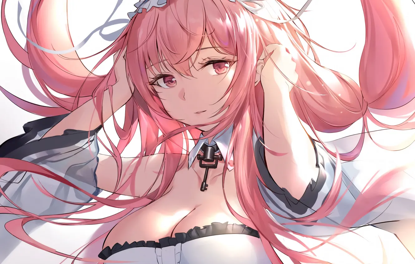 Photo wallpaper girl, sexy, cleavage, blouse, pink hair, long hair, boobs, anime