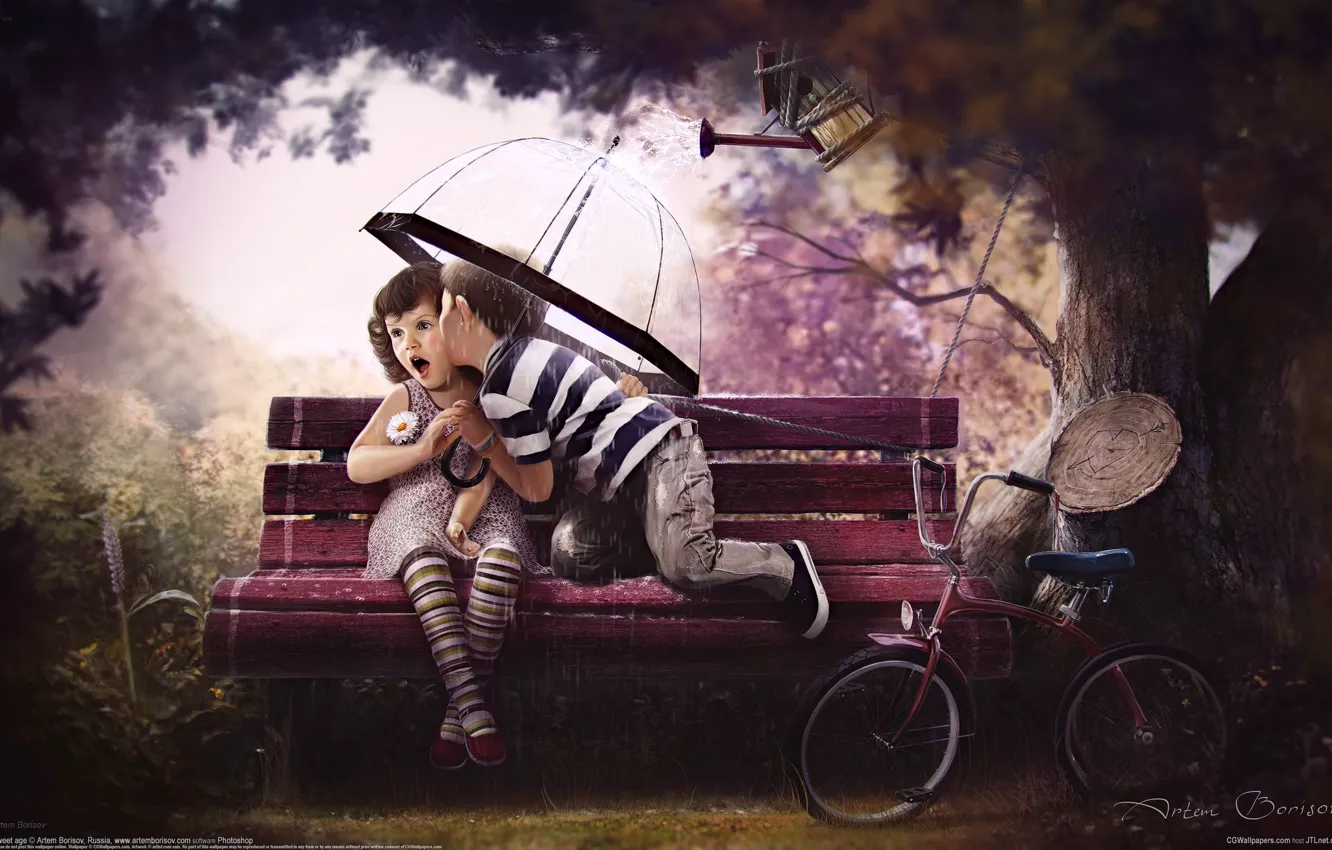 Photo wallpaper trees, love, bench, bike, children, sweet age, artem borisov