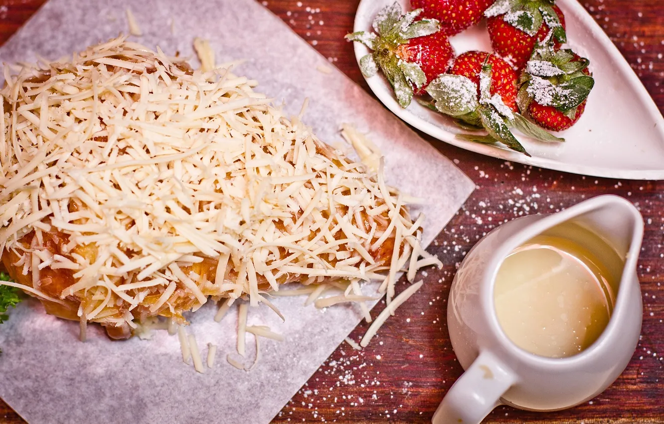 Photo wallpaper cheese, milk, strawberry, bread, bread, milk, cheese, strawberries