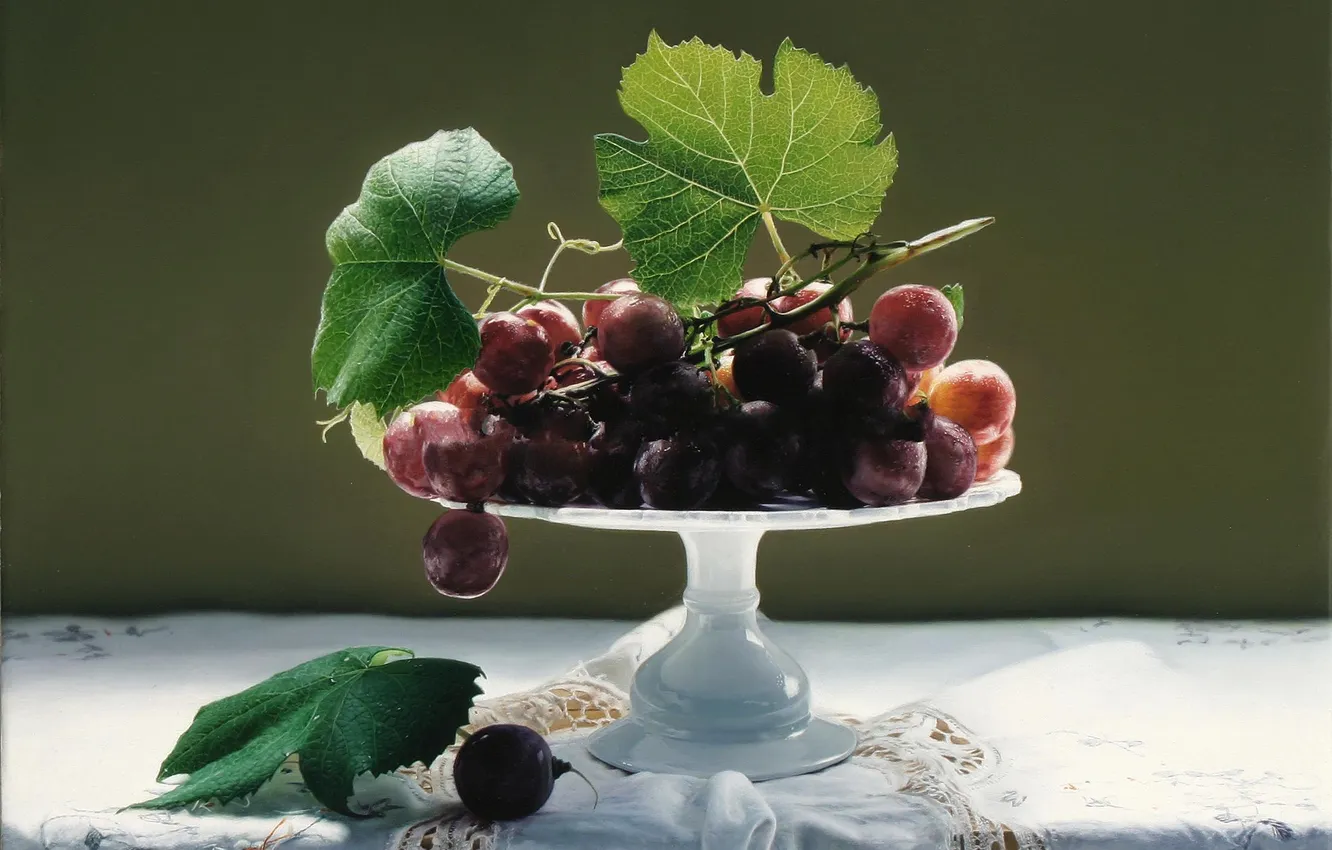 Photo wallpaper leaves, berries, picture, art, grapes, vase, still life, lace