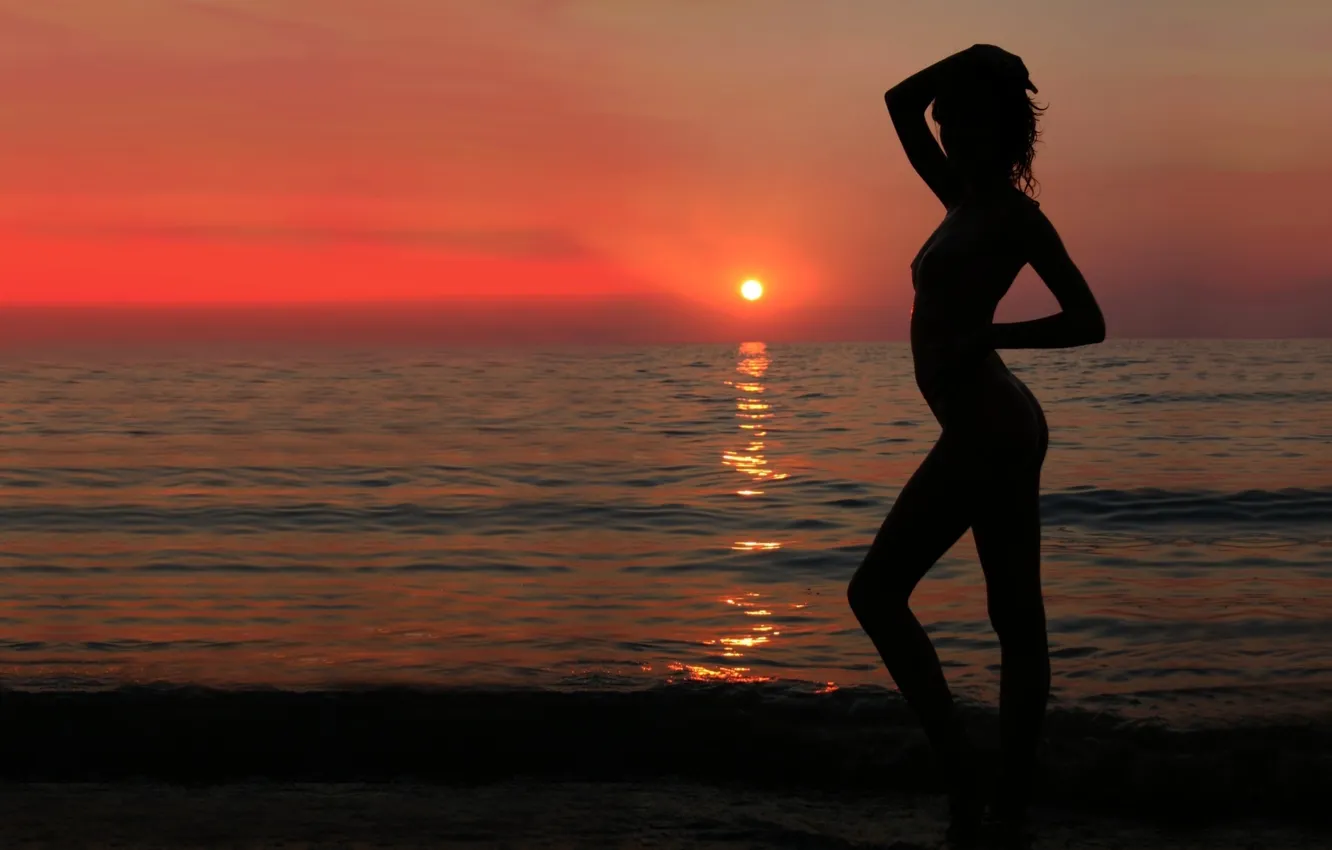 Photo wallpaper sea, the sun, sunset, Nude, on the shore