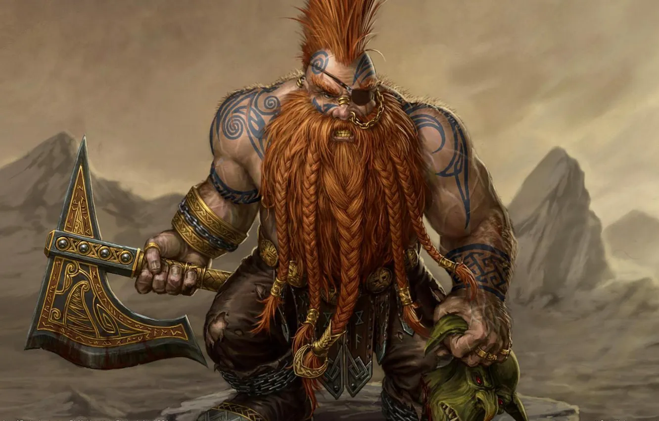 Photo wallpaper axe, axe, Warhammer, dwarf, tatoo, slayer, dwarf, Chaff
