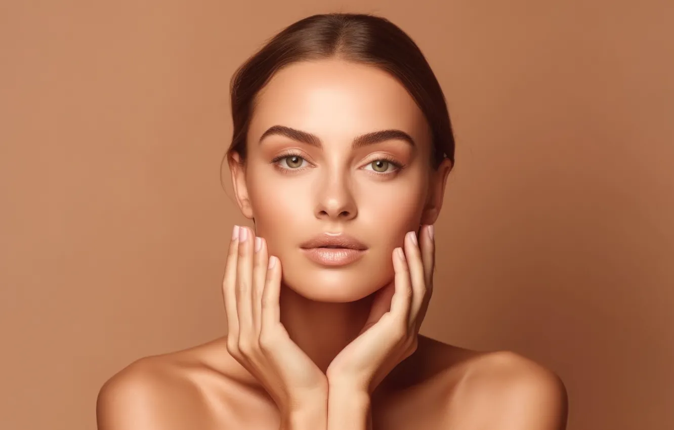 Photo wallpaper look, girl, portrait, hands, makeup, brown hair, AI art, neural network