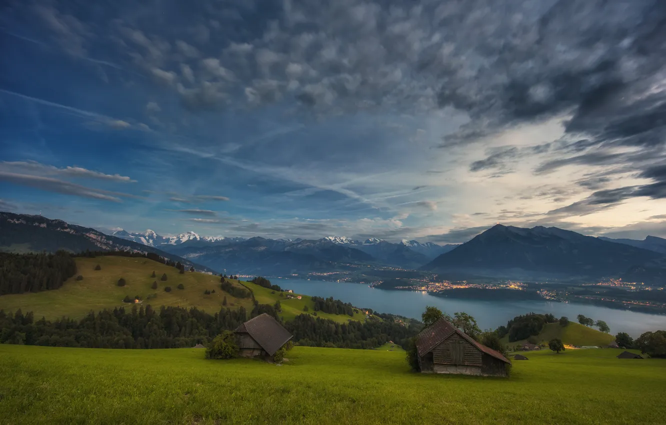 Photo wallpaper field, mountains, meadow, house