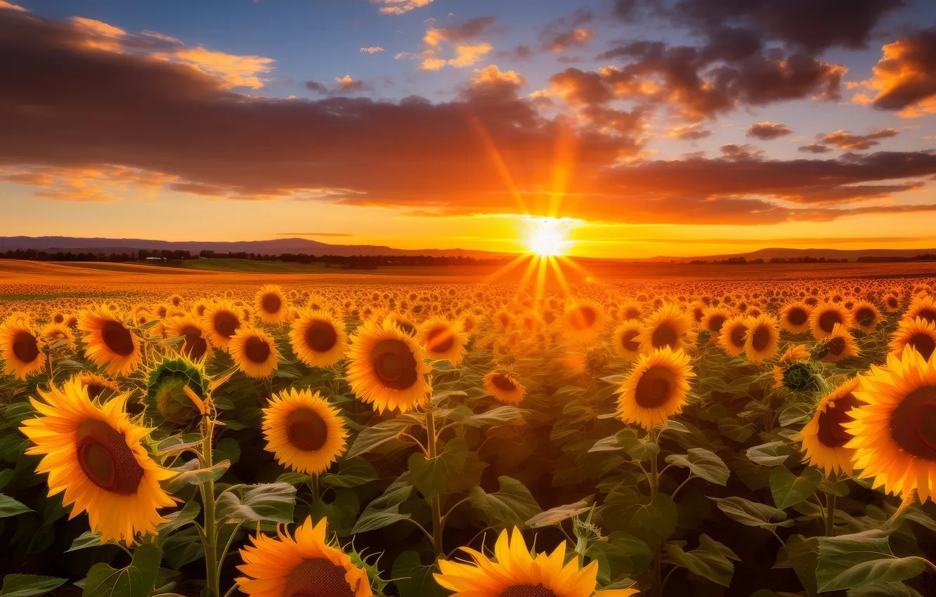 Photo wallpaper summer, the sky, the sun, clouds, sunflowers, sunset, flowers, yellow