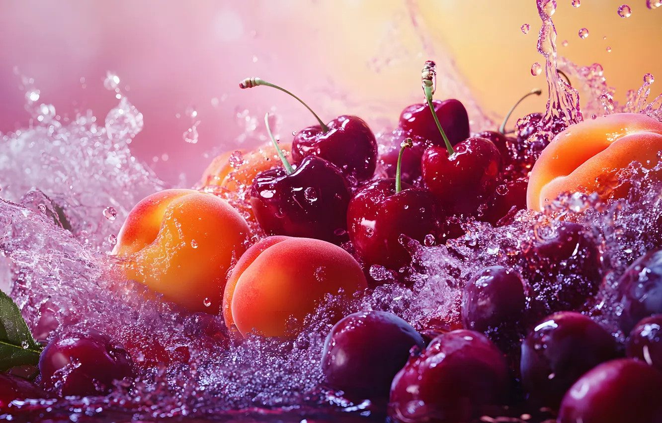 Photo wallpaper water, squirt, cherry, berries, splash, fruit, cherry, in the water