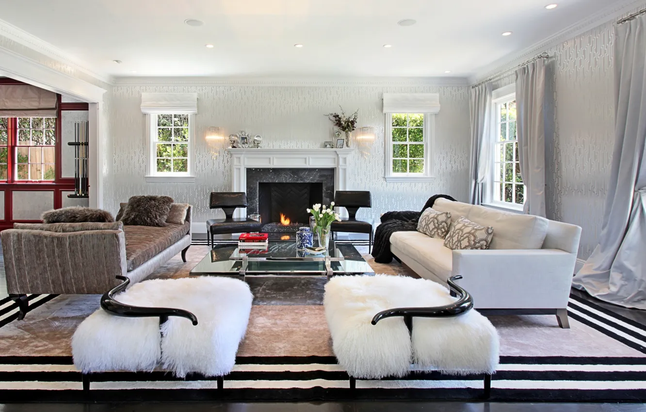 Photo wallpaper flowers, sofa, interior, vase, fireplace, sofa, table, living room