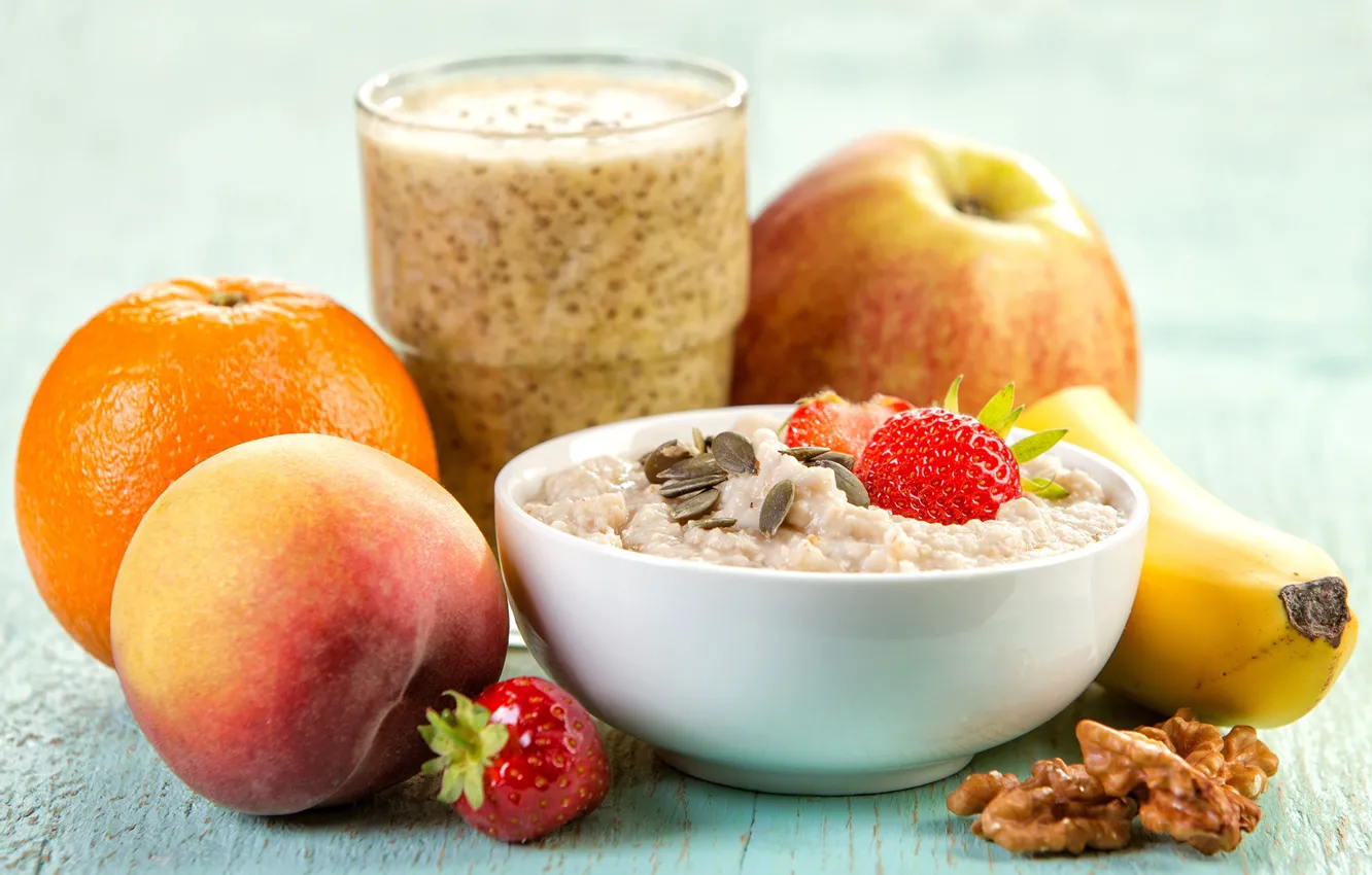 Photo wallpaper apples, orange, Breakfast, strawberry, bananas, nuts, porridge