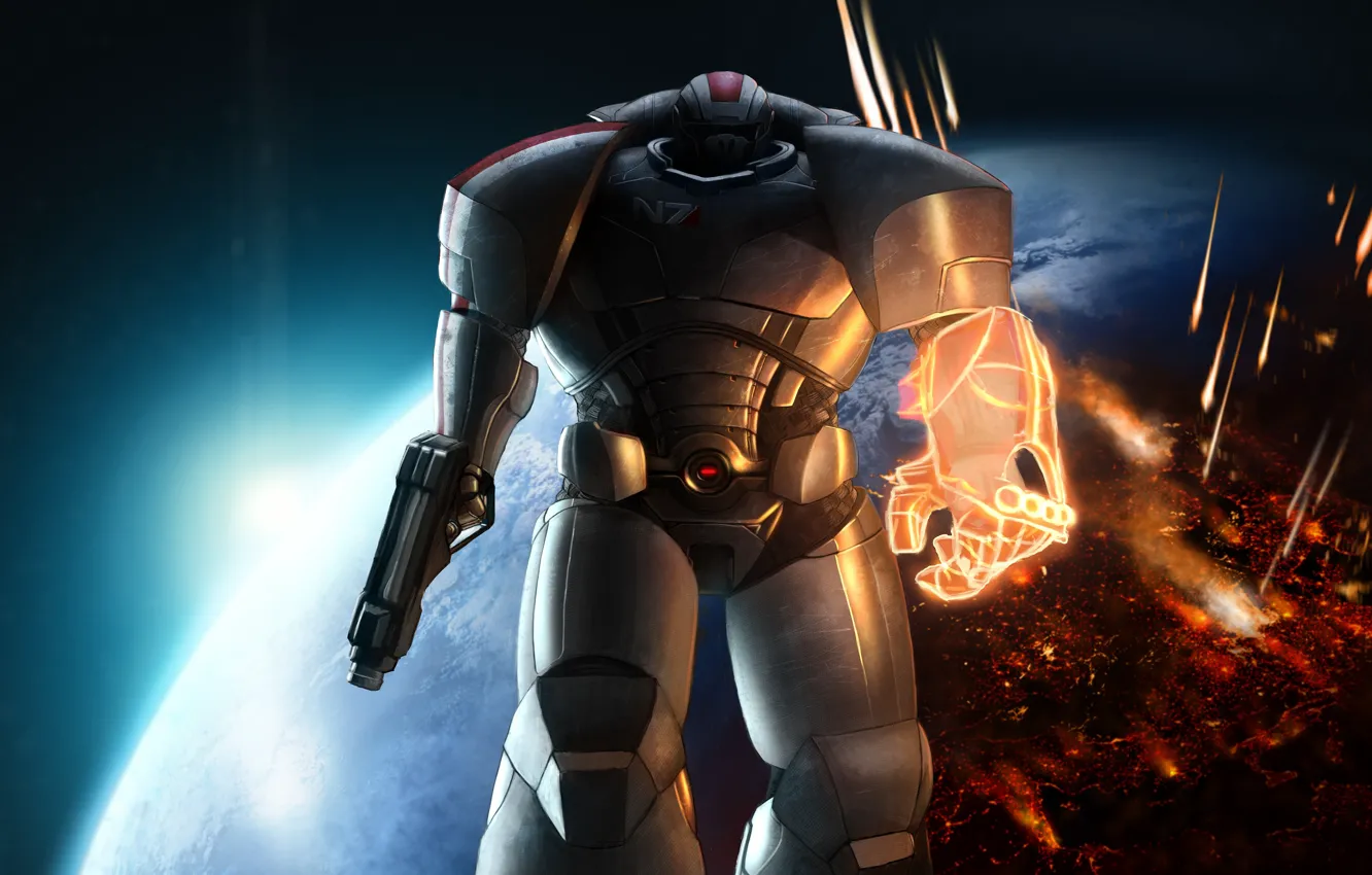 Photo wallpaper space, planet, range, armor, Warhammer 40000, mass effect, shepard, fan art