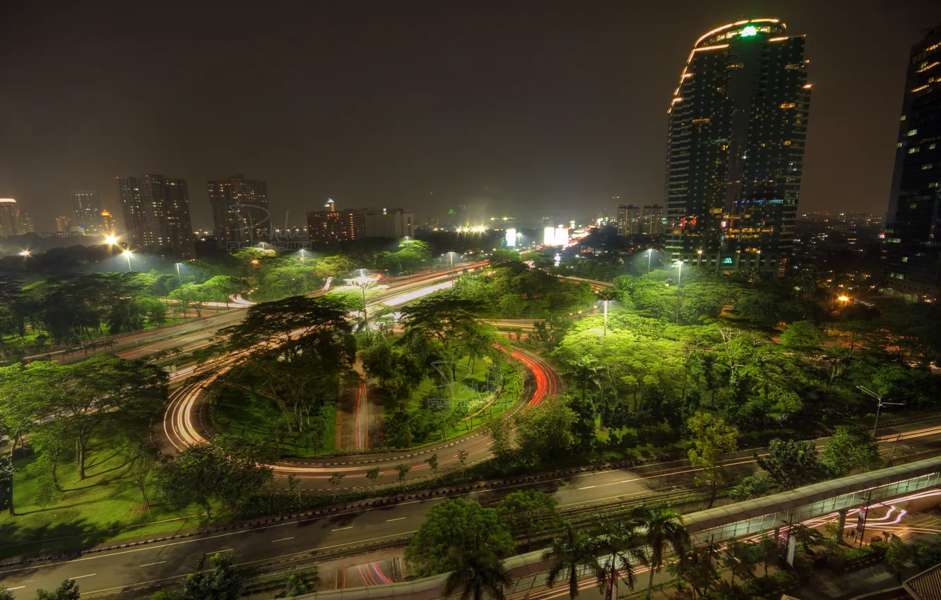 Photo wallpaper road, trees, night, Indonesia, Jakarta, Jakarta, Clover