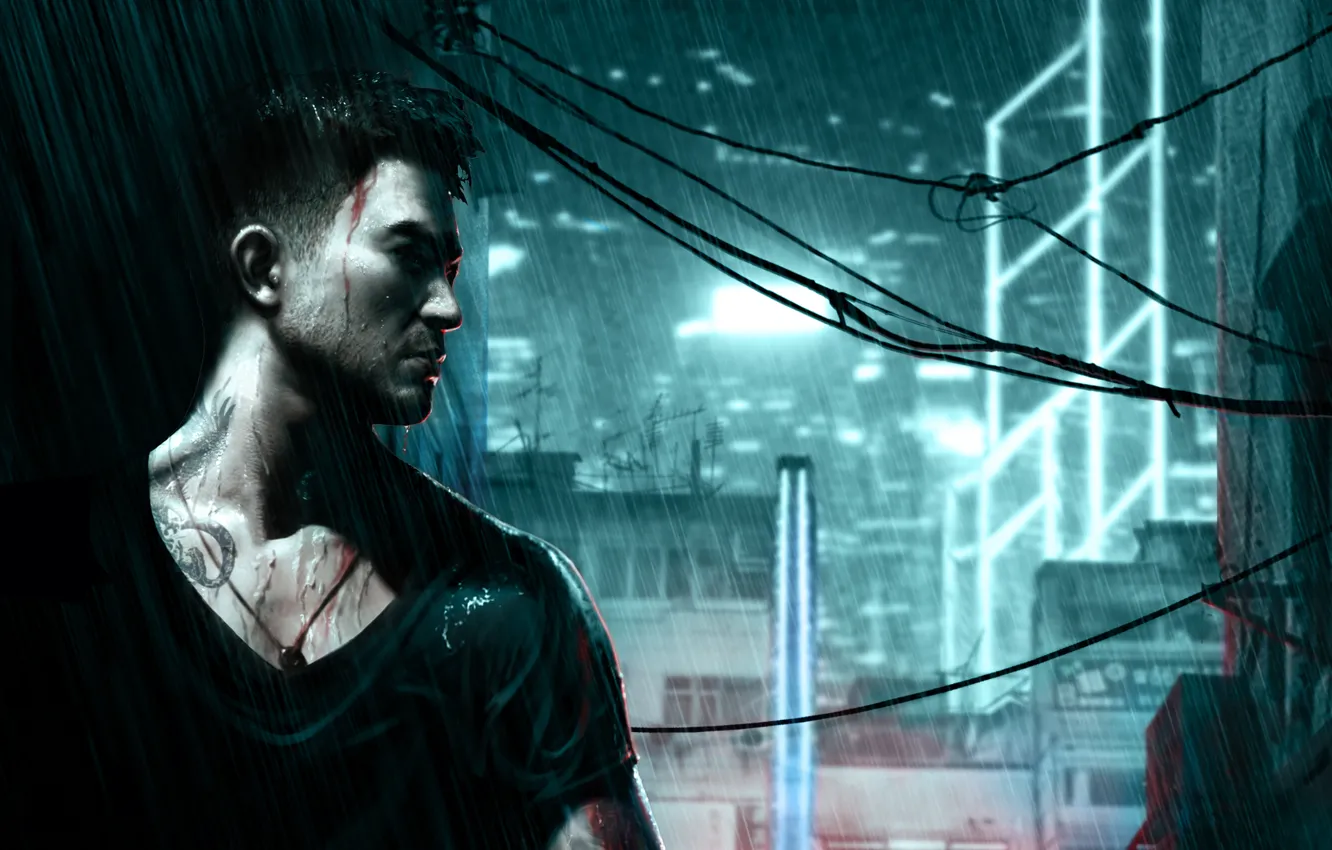 Photo wallpaper rain, blood, Hong Kong, art, tattoo, art, Hong Kong, Sleeping Dogs