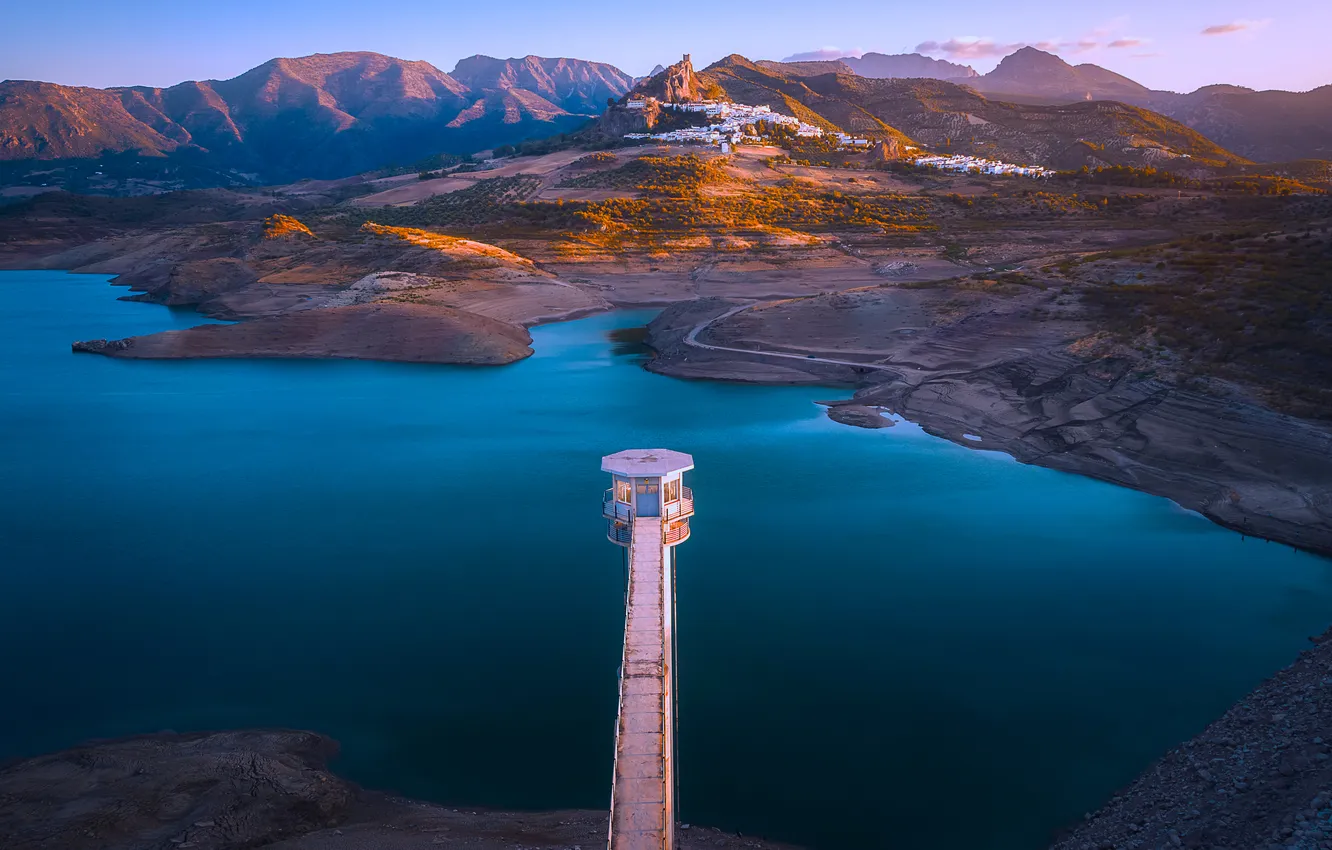 Photo wallpaper the sun, mountains, lake, tower, Spain, Spain