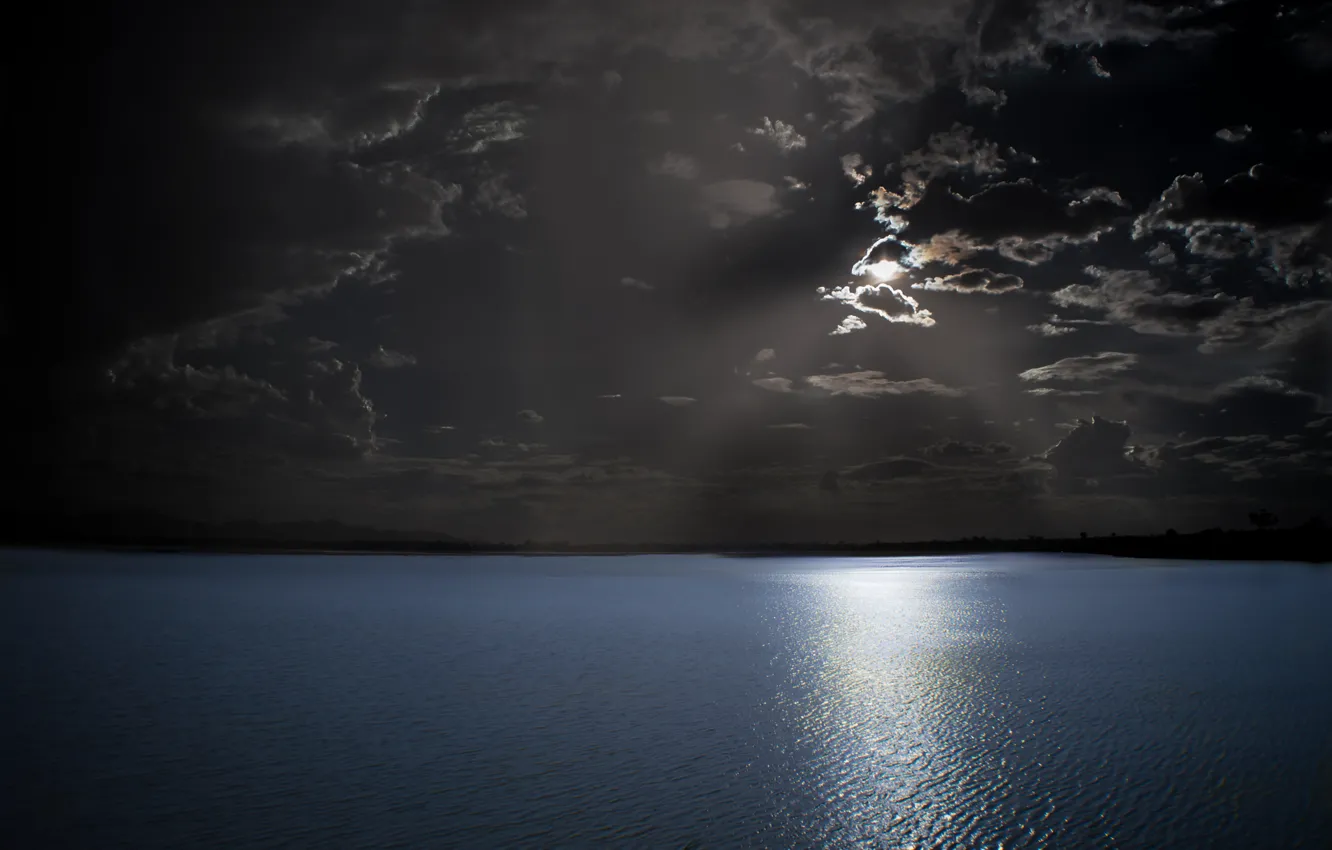 Photo wallpaper sea, water, night, clouds, surface, the moon, twilight