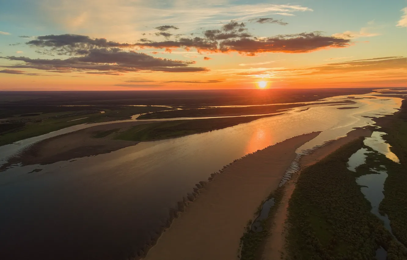 Photo wallpaper the sun, sunset, shore, pond