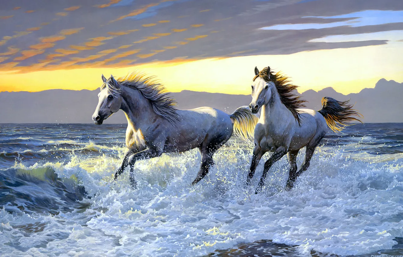 Photo wallpaper sea, water, squirt, shore, figure, horses, picture, horse