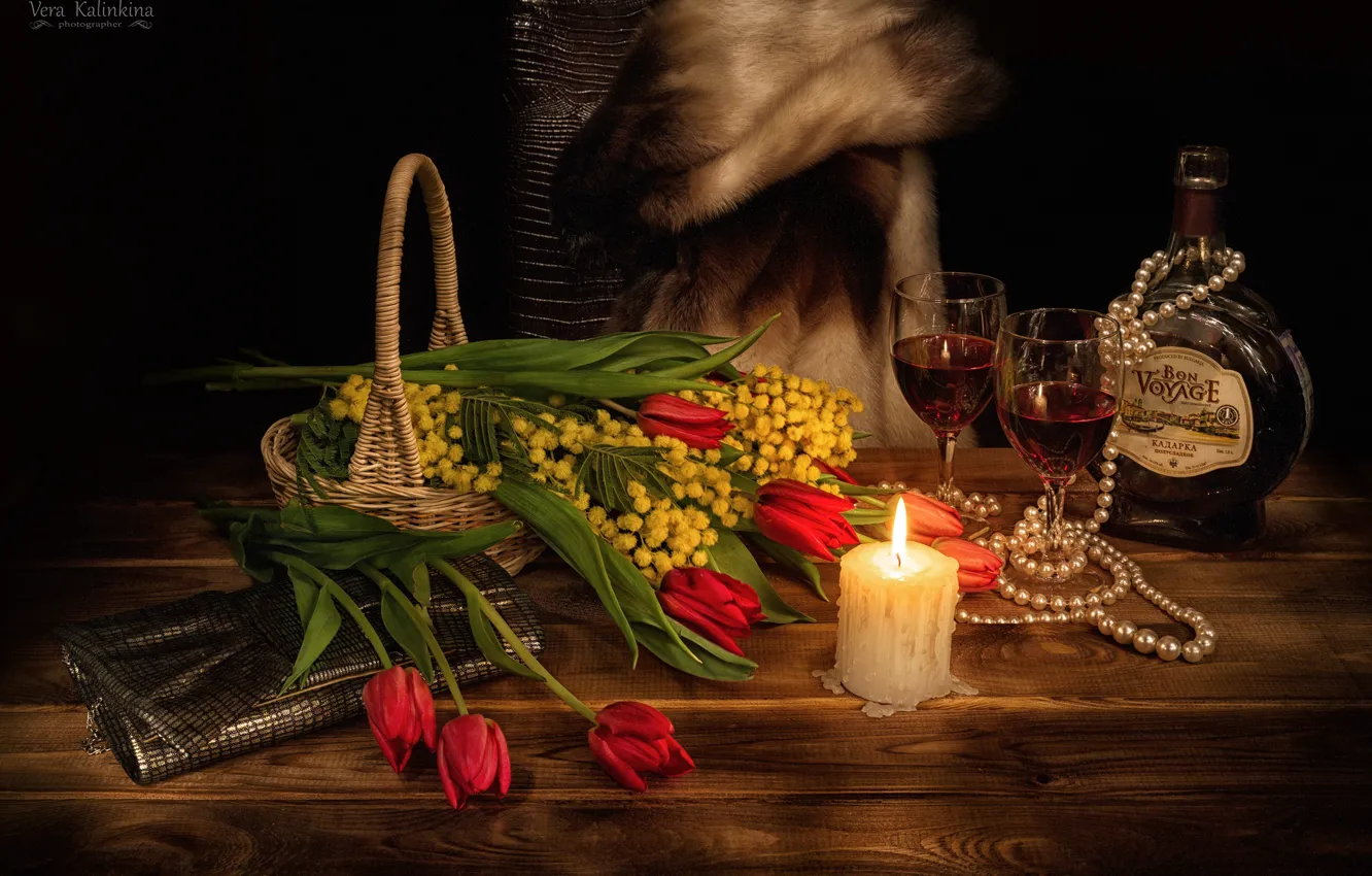 Photo wallpaper candle, necklace, glasses, tulips, March 8, Mimosa