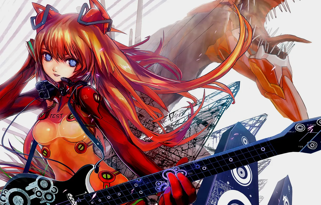 Photo wallpaper girl, wire, hair, dragon, guitar, speakers, Anime, Neon Genesis Evangelion