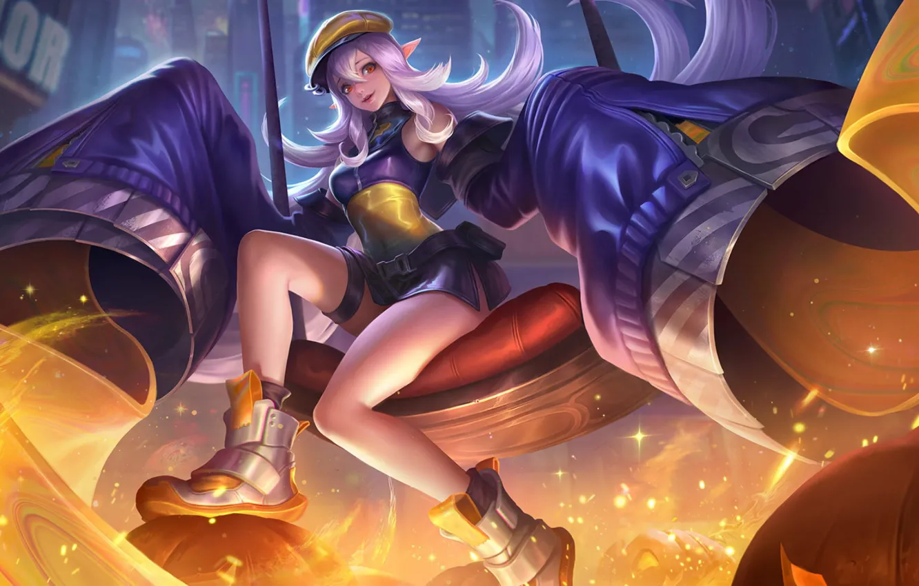 Photo wallpaper girl, weapons, swing, magic, skyscraper, hands, pumpkin, arena