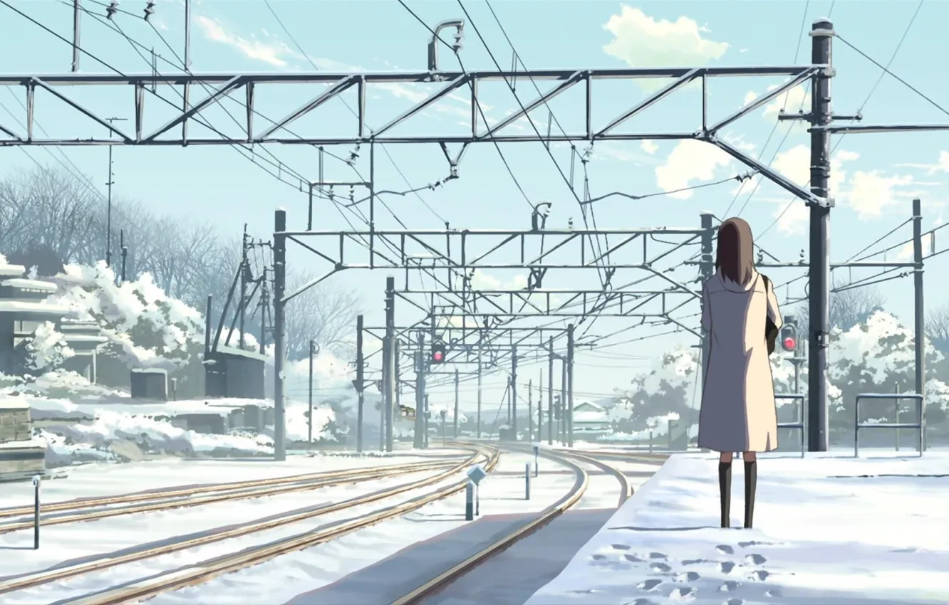 Photo wallpaper winter, the sky, snow, traces, posts, wire, rails, station