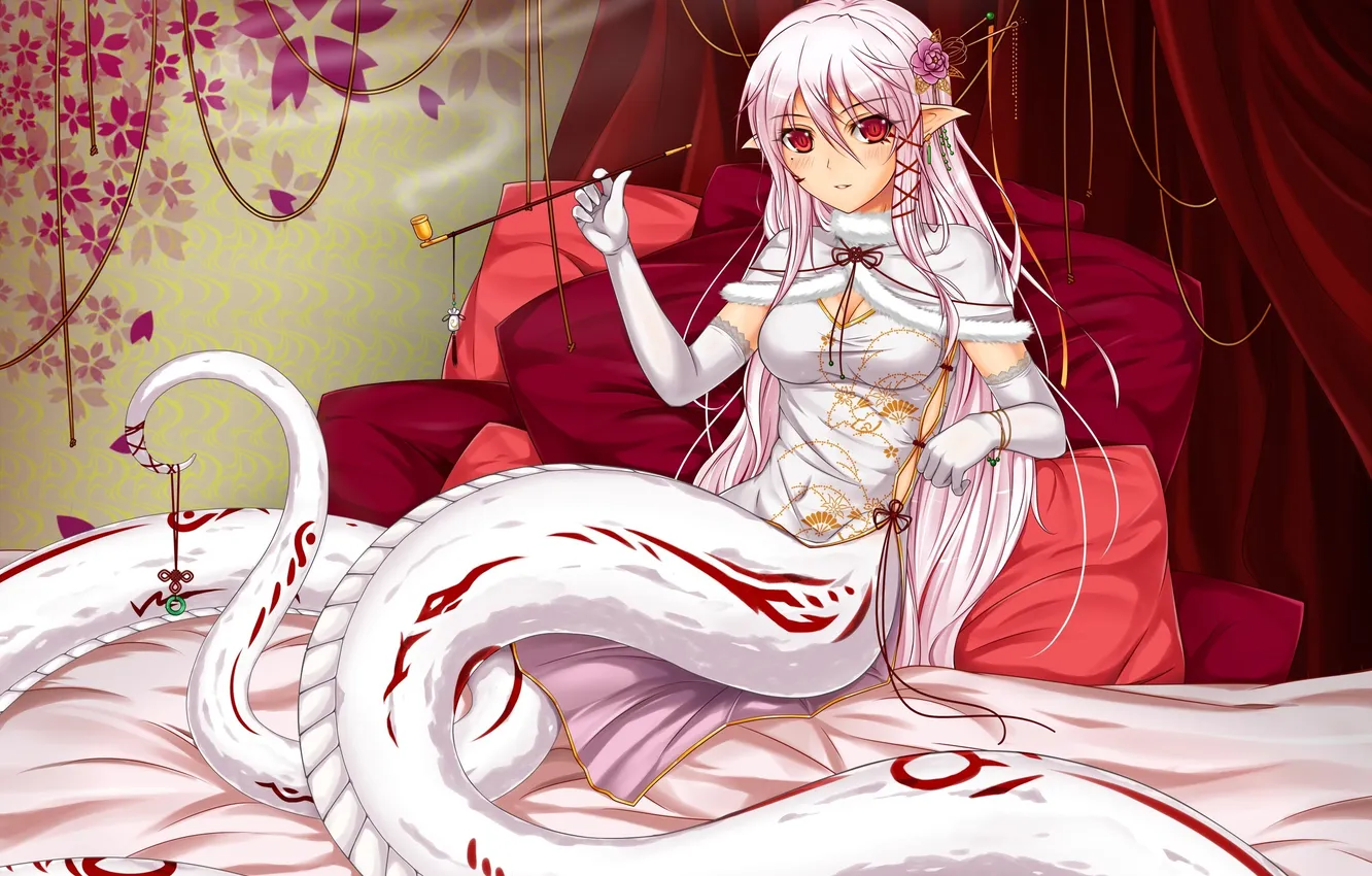 Photo wallpaper girl, bed, snake, tube, art, tail, smokes, laces