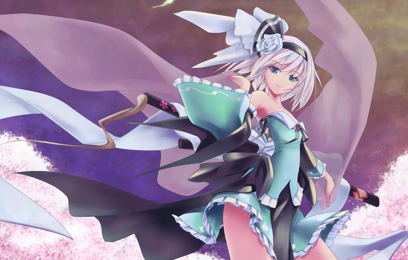 Photo wallpaper sword, katana, petals, Sakura, art, girl, touhou, Konpaku Youmu