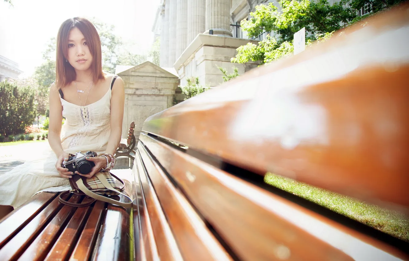 Photo wallpaper girl, light, street, Asian, bench