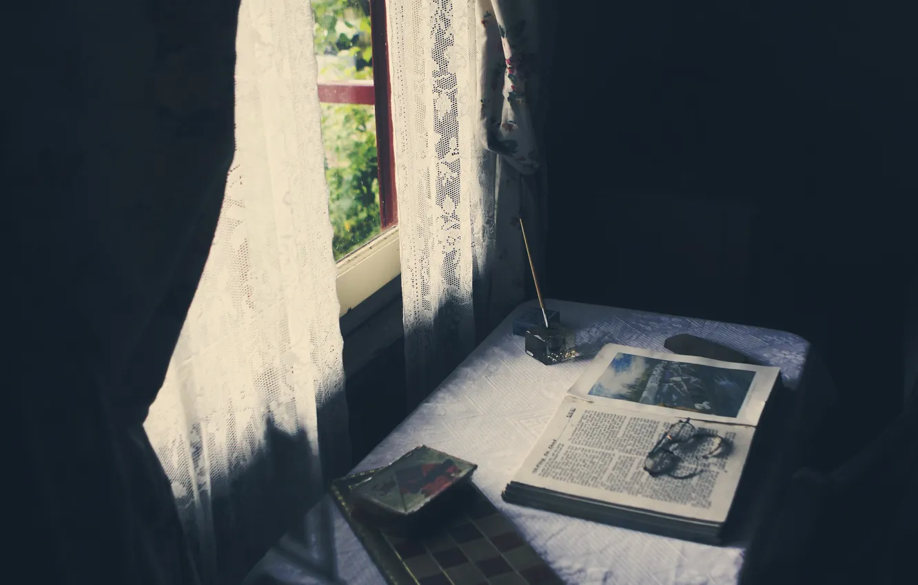 Photo wallpaper table, window, glasses, book, ink