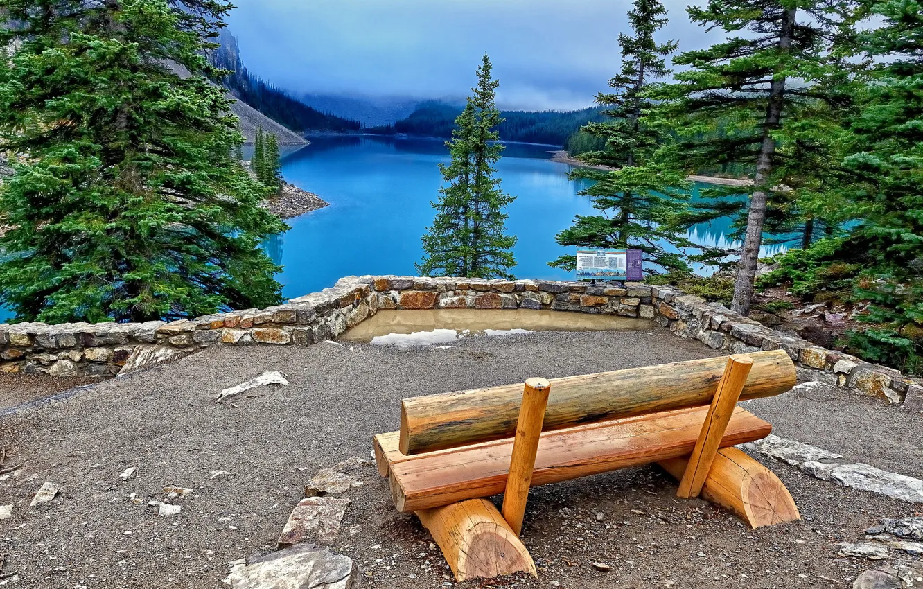 Photo wallpaper bench, ate, Canada, Banff National Park, Canada, Moraine Lake, Moraine Lake, Banff
