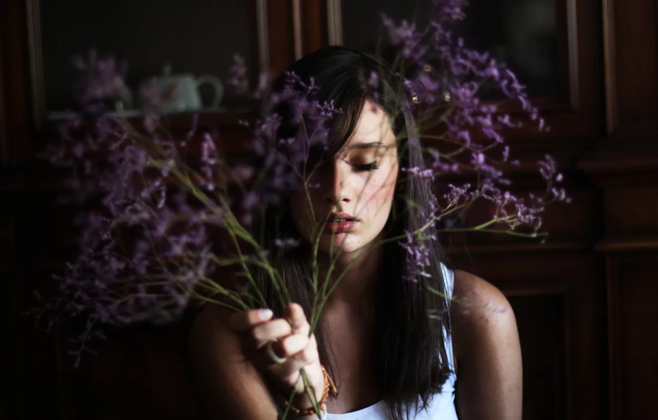 Photo wallpaper girl, flowers, background, mood, Wallpaper, brunette, beautiful, flowers