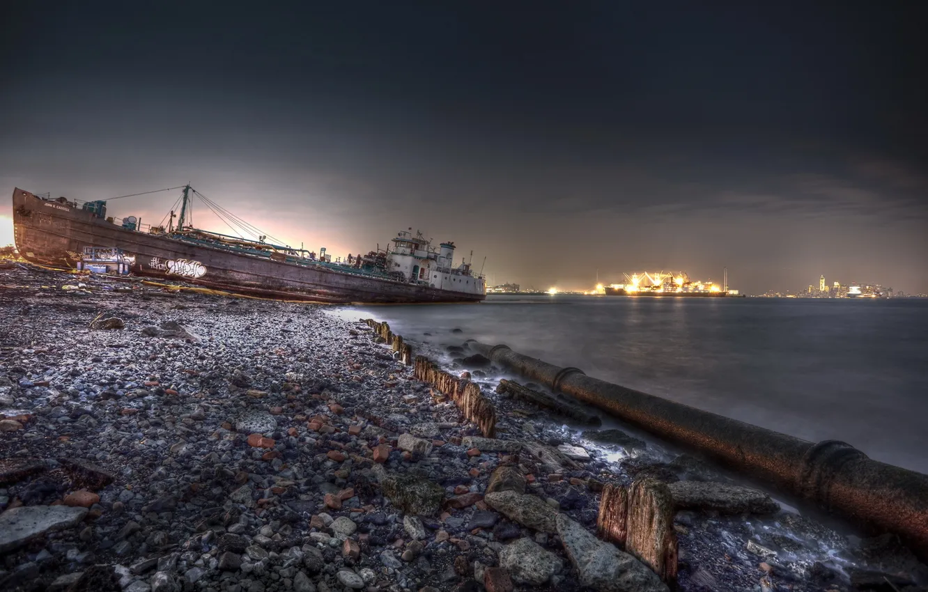 Photo wallpaper HDR, Night, New York City, Long Exposure, Shipwreck, Staten Island
